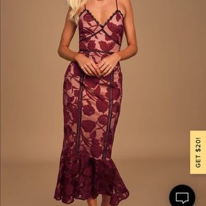 Lulus alluring dream burgundy floral mesh lace trumpet dress